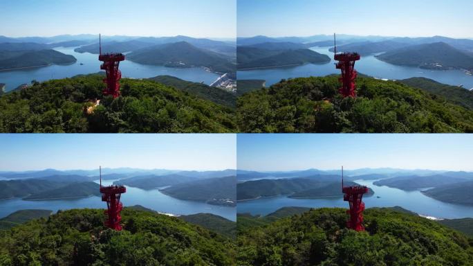 吉林市松花湖秋季风光朱雀云顶瞭望塔航拍