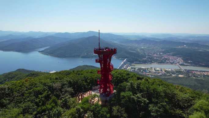 吉林市松花湖秋季风光朱雀云顶瞭望塔航拍