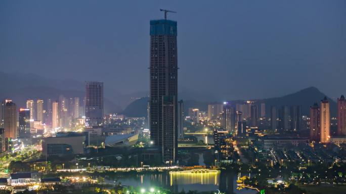 台州温岭中心航拍日转夜景延时高楼酒店商城