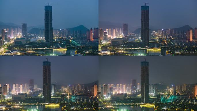 台州温岭中心航拍日转夜景延时高楼酒店商城