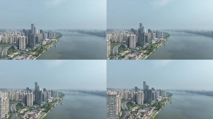 长沙渔人码头航拍湘江潇湘北路岸边建筑风光