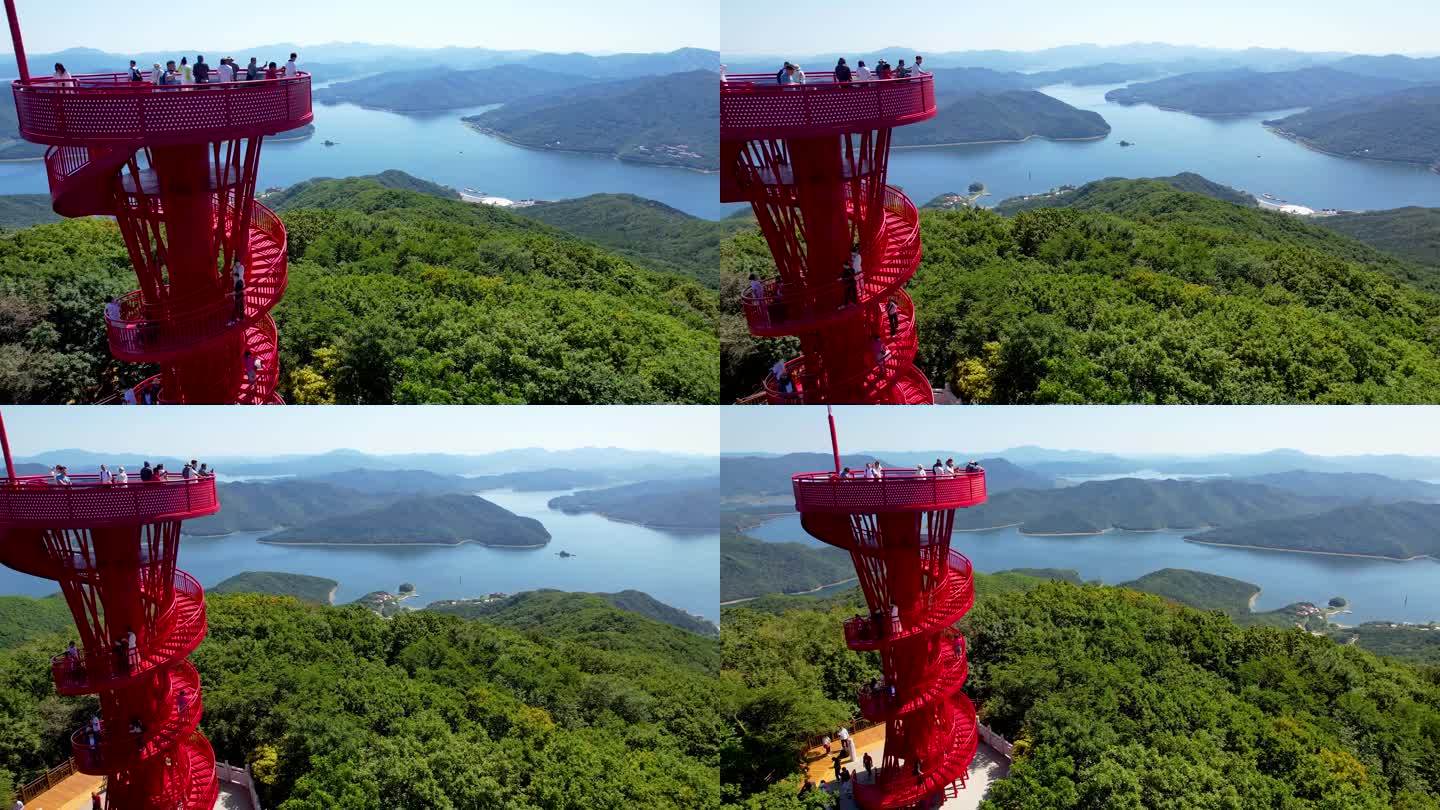 吉林市松花湖秋季风光朱雀云顶瞭望塔航拍