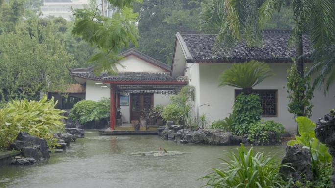 雨中的中式园林庭院水景