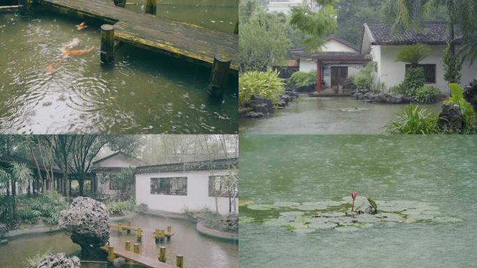 雨中的中式园林庭院水景