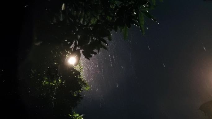 雨滴夜雨雨点雷电灯光下的雨滴下雨黑夜闪电