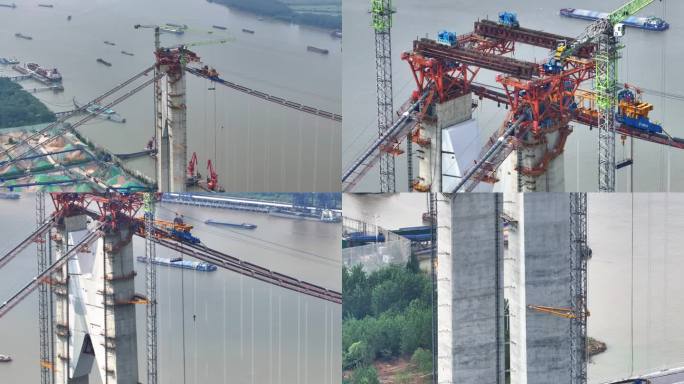 航拍长江在建施工大桥航运轮船江岸