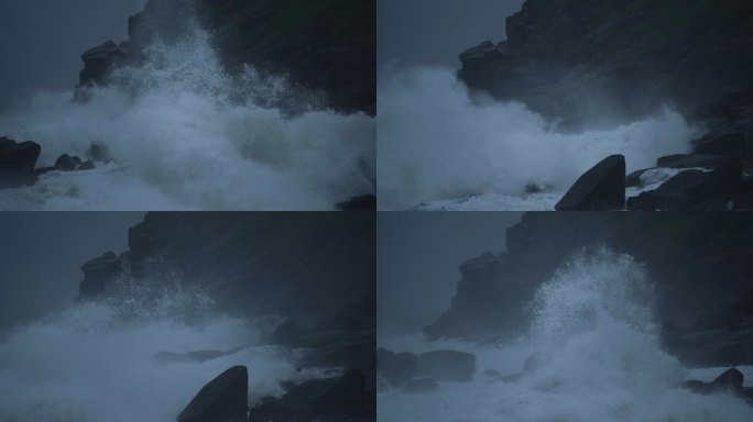 巨浪拍打礁石-高速摄影