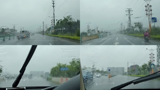 雨景雨天开车窗外暴雨景下雨公路上行车雨刷