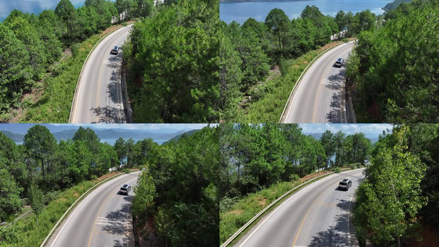 航拍泸沽环湖公路 高原湖泊泸沽湖