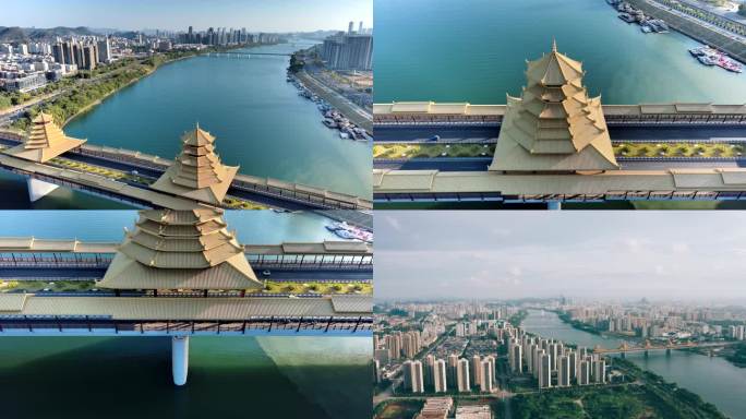 航拍柳州凤凰岭大桥与柳江滨水城市风光