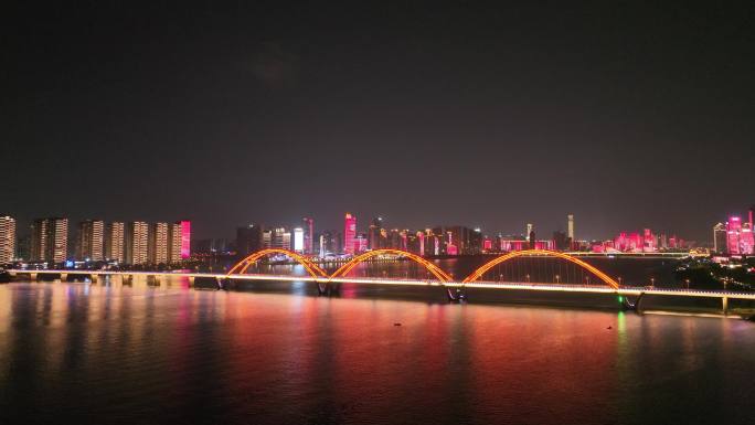 长沙湘江夜景航拍福元路大桥夜景建筑风光