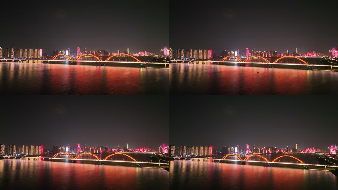 长沙湘江夜景航拍福元路大桥夜景建筑风光