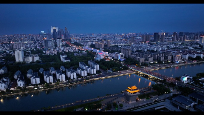 苏州相门古城区市区夜景航拍