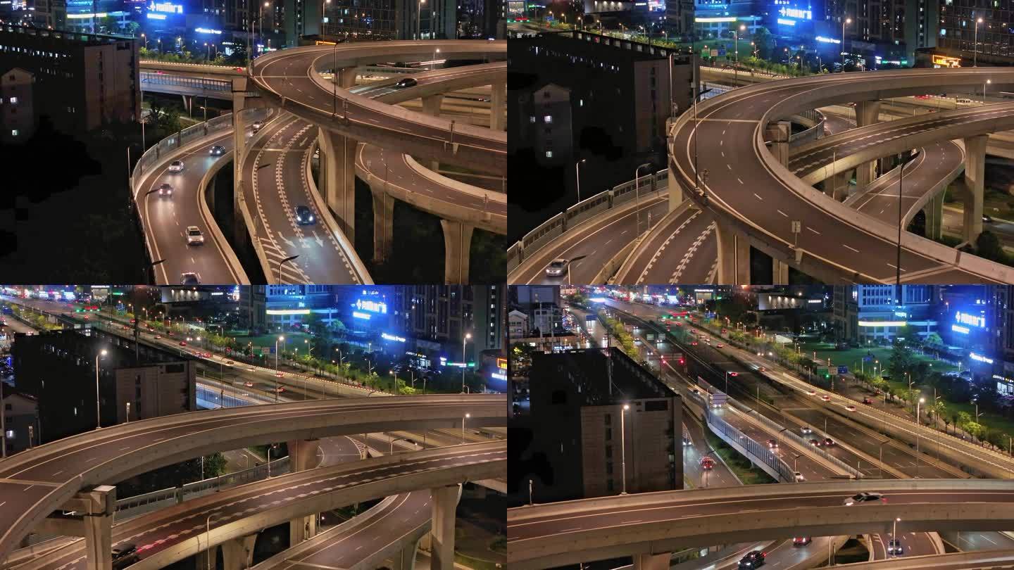 4k航拍城市快速路高架桥夜景车流素材