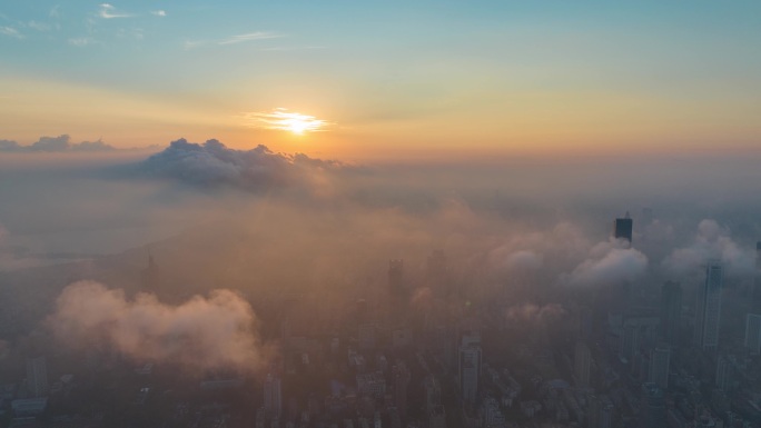 航拍南京主城区日出云海延时