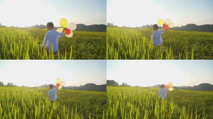 小男孩拿着气球田间玩耍欢乐童年时光儿童节