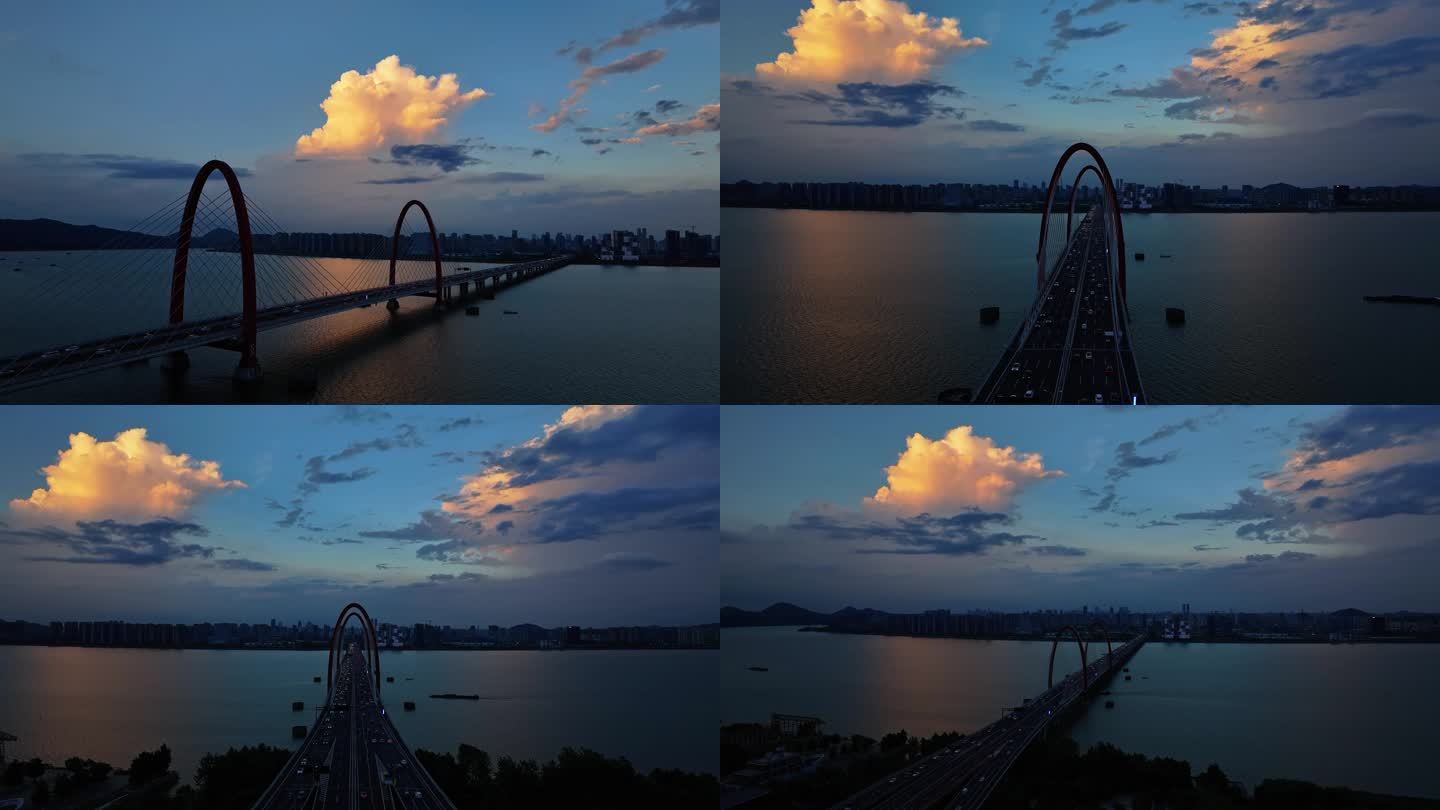 杭州之江大桥晚霞航拍