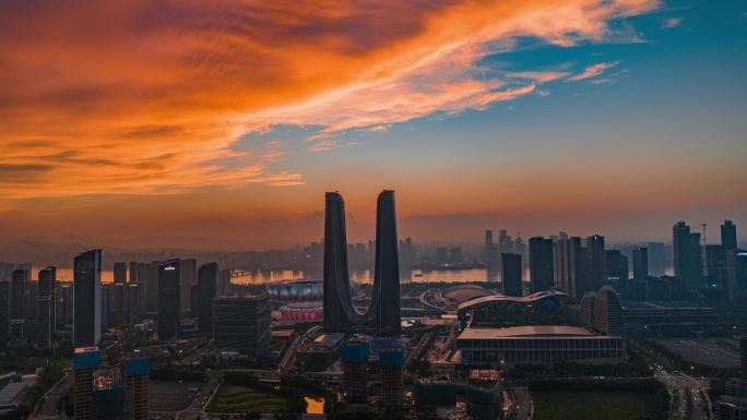 4K 杭州之门火烧云日转夜延时风景