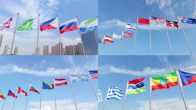 4k航拍世界各国国旗