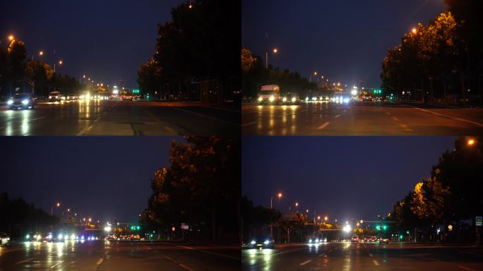 夜间开车行驶在城市道路夜晚城市车窗外风景