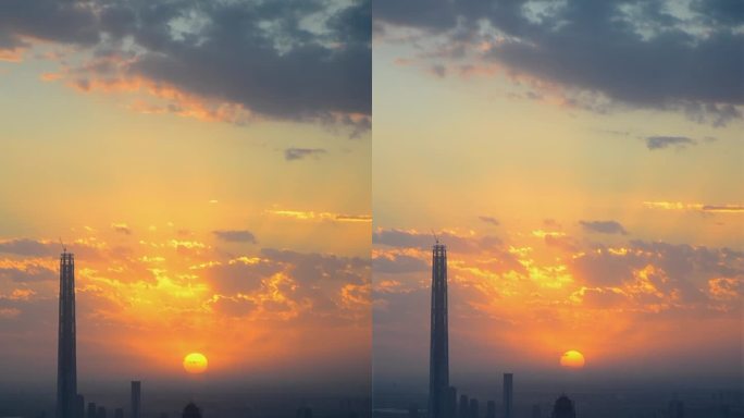 天津市中心高空拍摄的夕阳日落晚霞延时