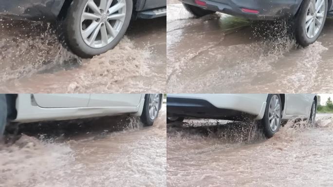 洪水排涝汽车轮子路面水浸汽车开过积水路段
