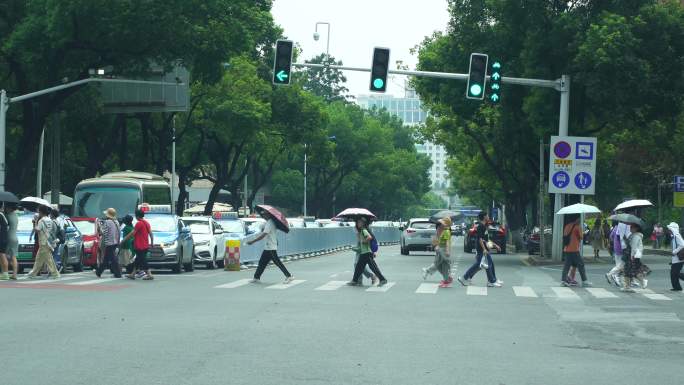 红绿灯下过斑马线的人流转弯的车辆行人马路