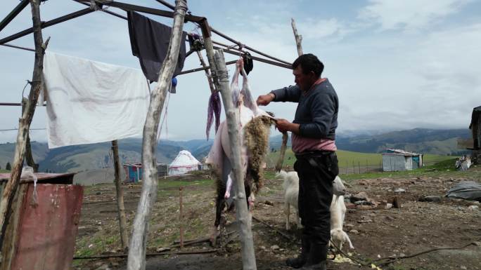 新疆牧民宰杀羊肉