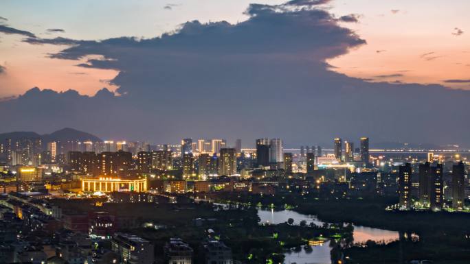 台州玉环市楚门镇日转夜景航拍延时高楼医院