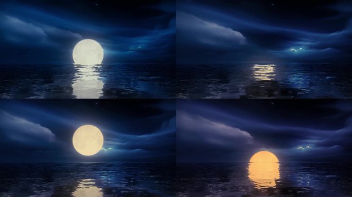 三组大海海面水面海上明月月亮升起动画组合