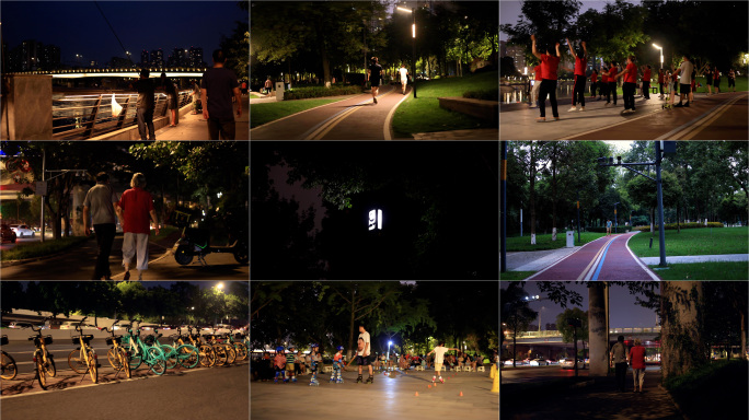 夜晚城市小区休息散步骑车跑步行人市民老人