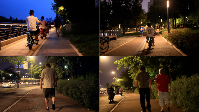 夜晚城市小区休息散步骑车跑步行人市民老人