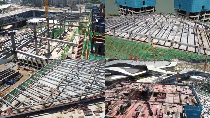 建筑工地: 钢结构屋顶施工航拍