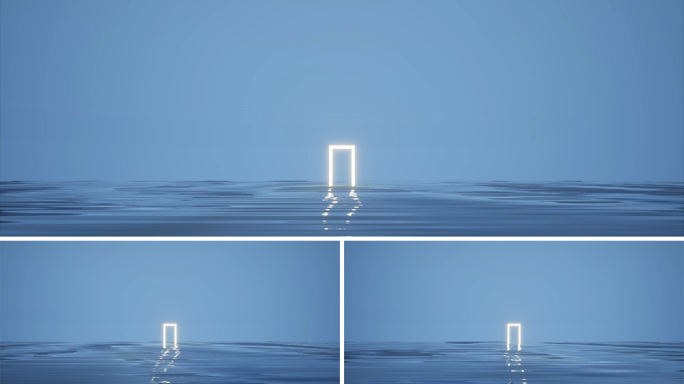 【4K极简空间】发光时空之门海面概念创意