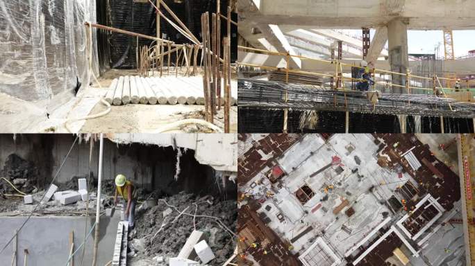 建筑工地：深基坑航拍，工人施工作业