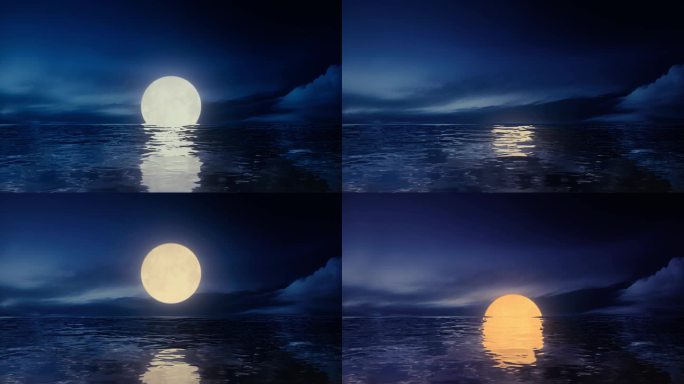 三组大海海面水面海上明月月亮升起动画组合