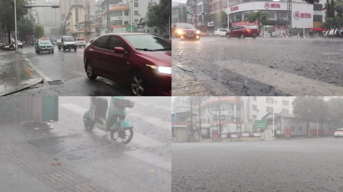 城市暴雨倾盆 积水严重 街道雨天车流