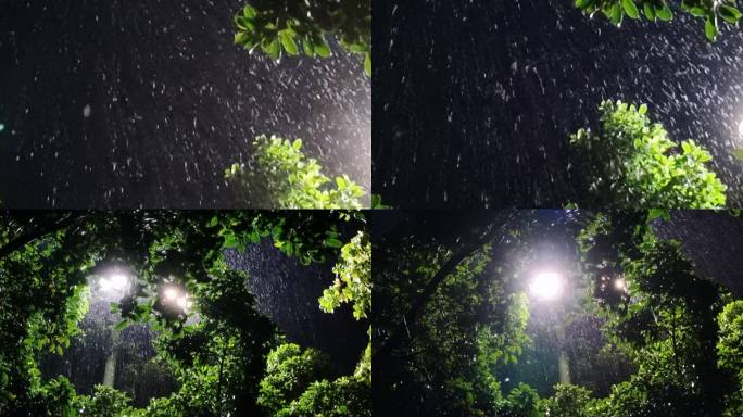 雨夜光影绿叶深夜雨景夜景下雨光晕唯美雨滴