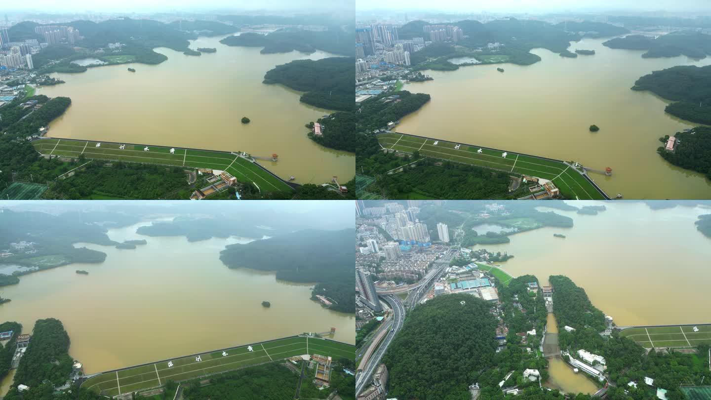 深圳洪水过后深圳水库东湖公园航拍