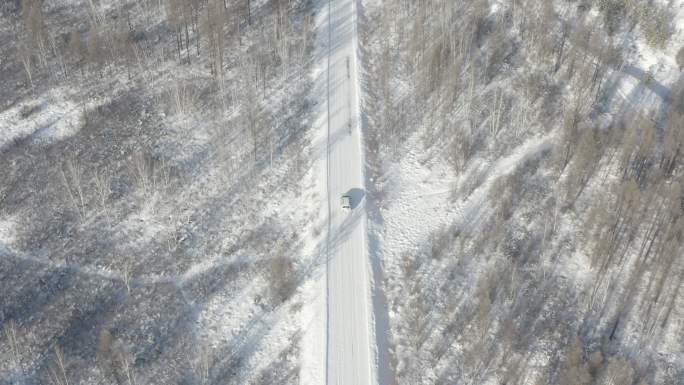 东北平原的森林雪景俯视汽车航拍