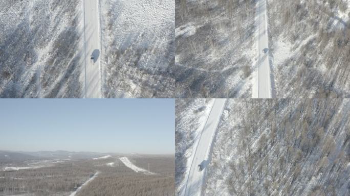 东北平原的森林雪景俯视汽车航拍
