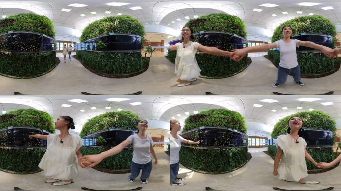 【全景视频】两美女室内逛观赏金鱼