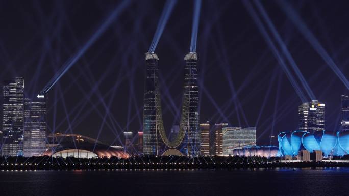 杭州夜景城市天际线与亚运会灯光秀