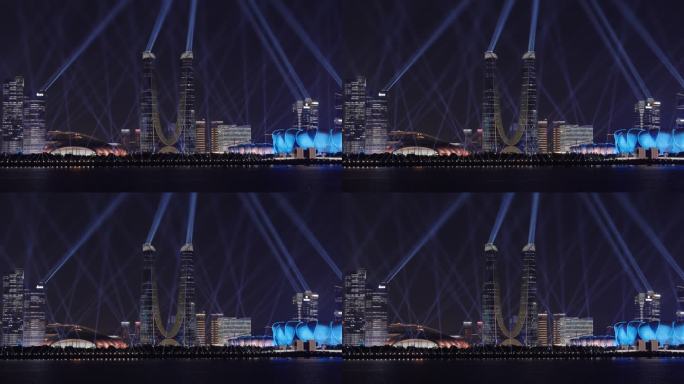 杭州夜景城市天际线与亚运会灯光秀