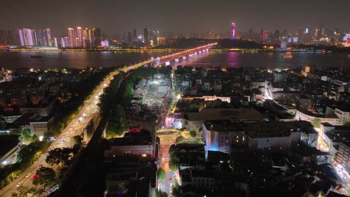 武汉黄鹤楼公园武珞路夜晚夜景航拍湖北武昌