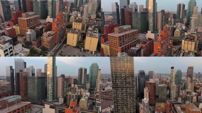 航拍纽约长岛皇后区摩天大楼城市天际线日出