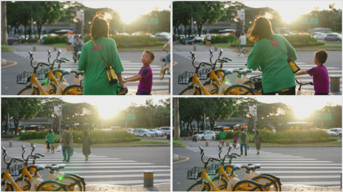 夕阳光影母子路人温馨