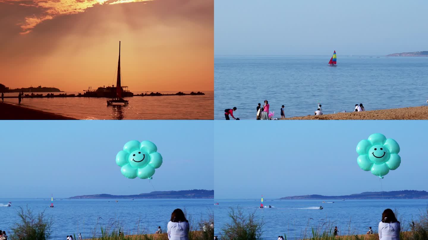 大海夕阳红帆船 游人气球