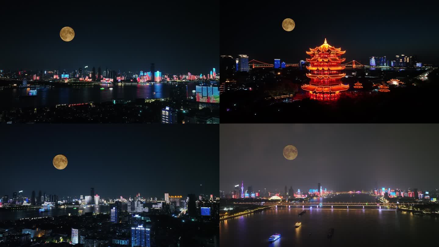 城市月亮合集夜晚建筑风光航拍中秋月亮夜景