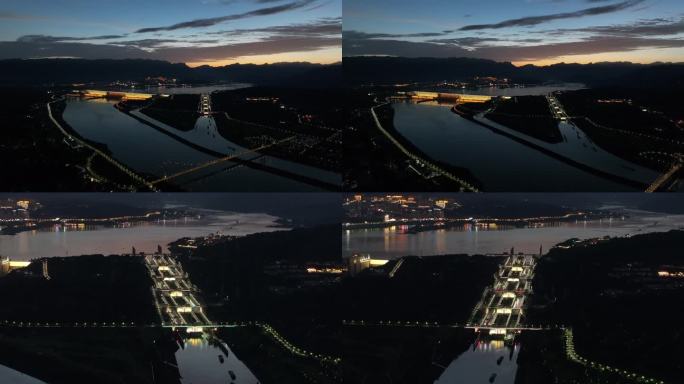 宜昌三峡大坝傍晚余晖夜景航拍